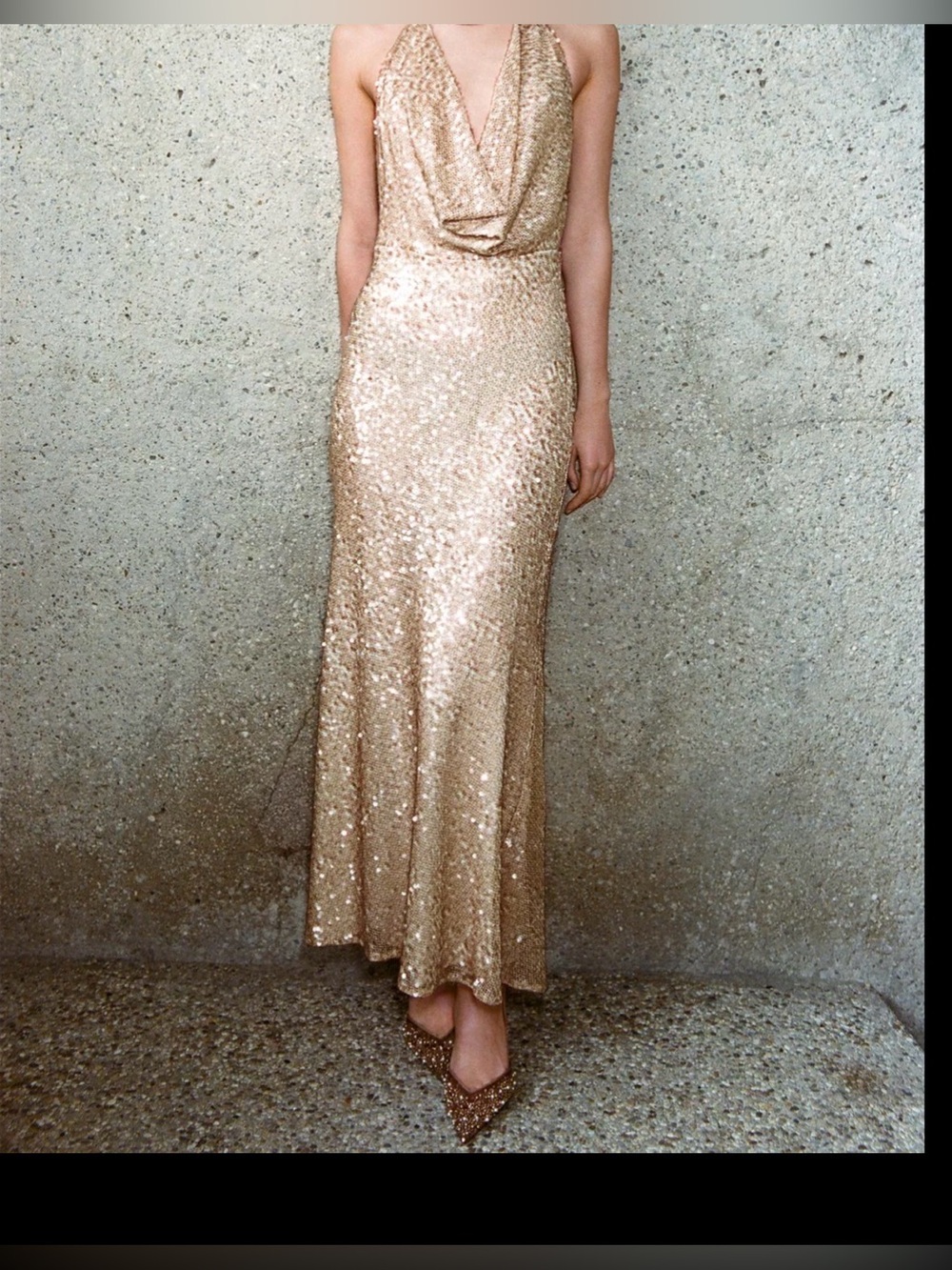 Sequined Pink/Gold Cowl Neck Evening Gown - XL